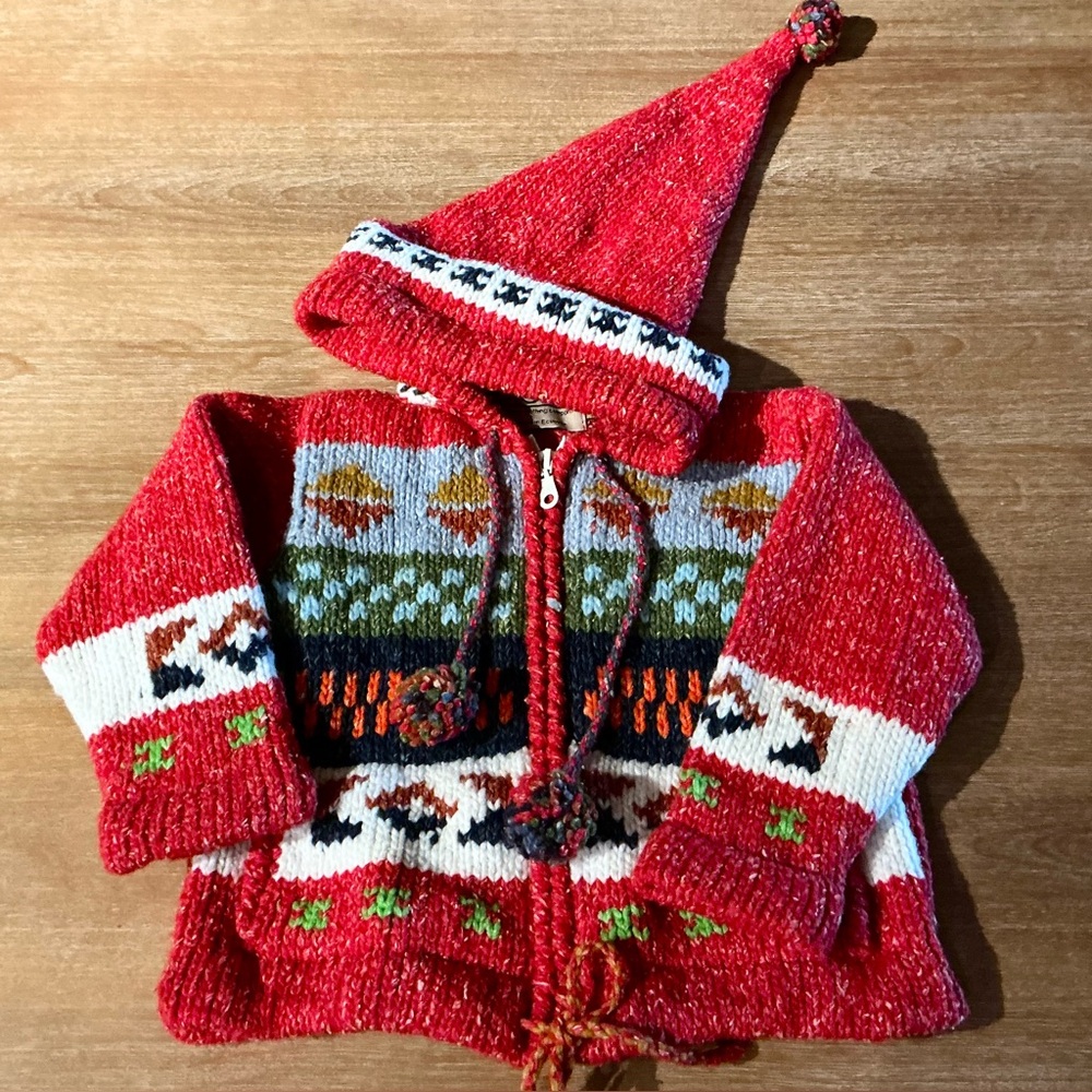 ECC Handmade Cotton Wool Knit Hoodie Zipped Jacket Toddler 2T Colorful Print Pom